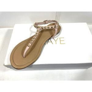 RAYE Gold Stud Ankle Strap Leather Flat Thong Sandals in Nude Women's 35.5